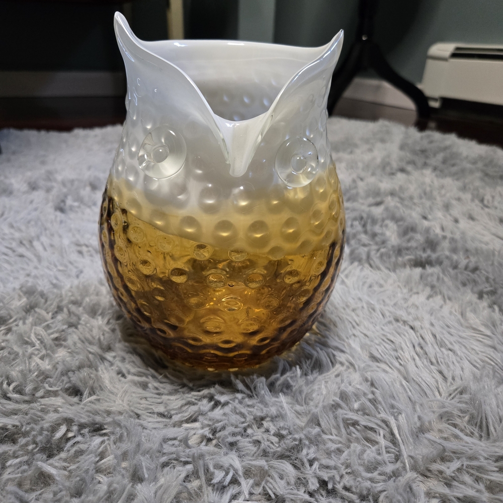 Vintage Amber And White Murano Owl Vase